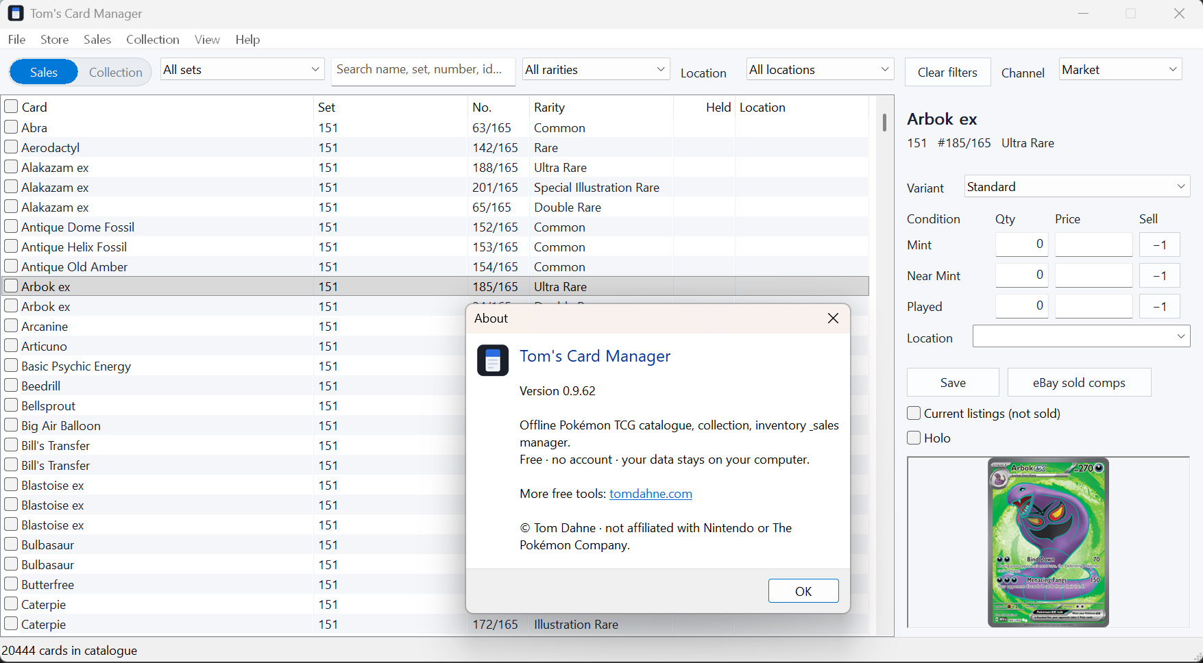 Tom's Card Manager main window