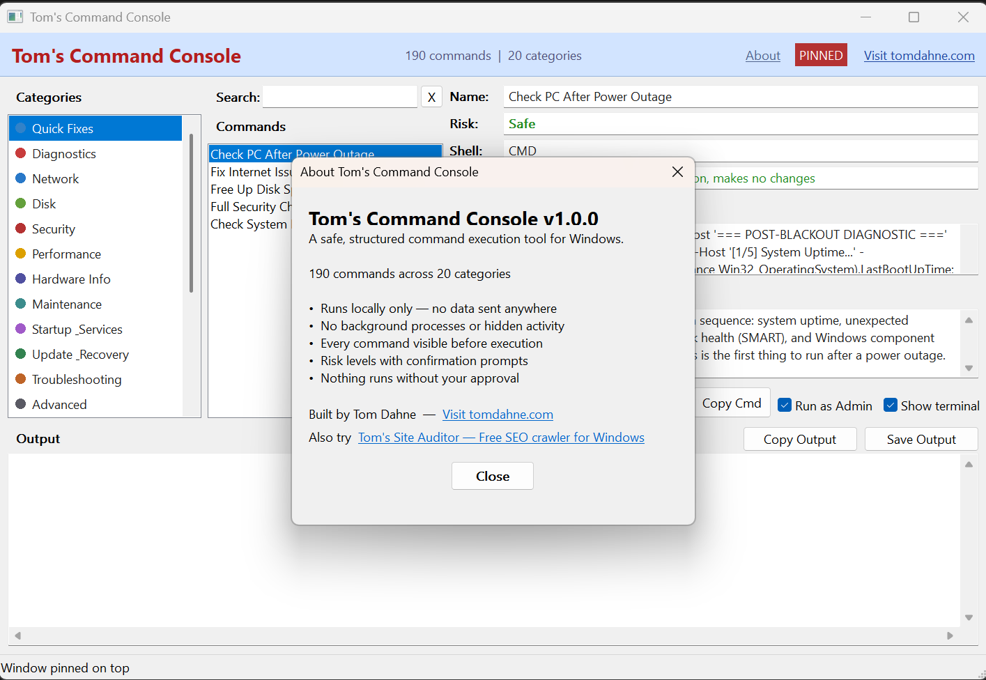 Tom's Command Console — Main Window showing system diagnostics and command details
