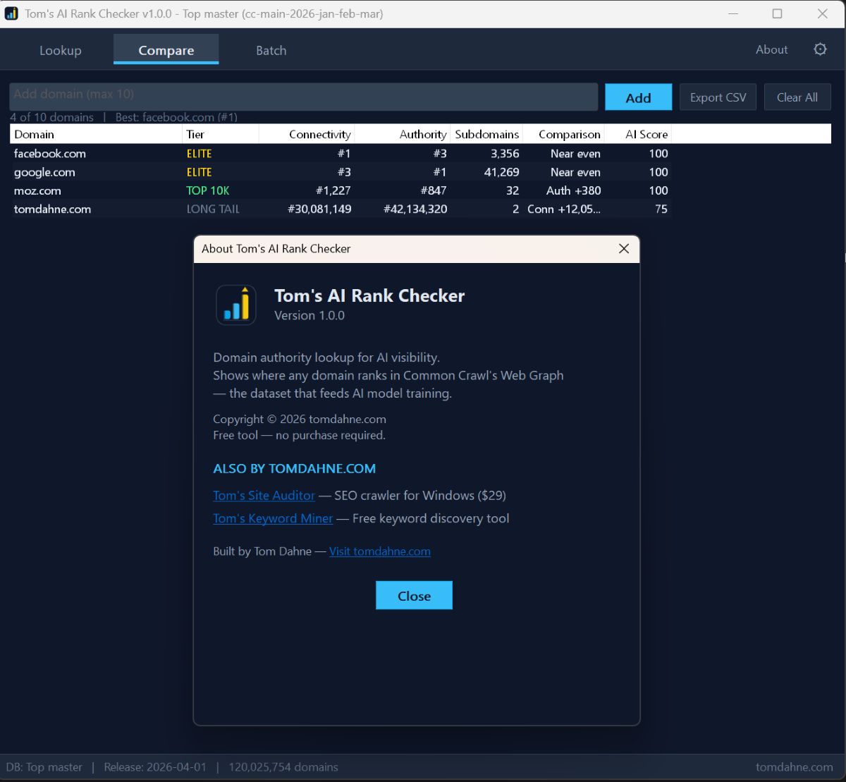 Tom's AI Rank Checker — Compare view showing multiple domains side-by-side with AI scores