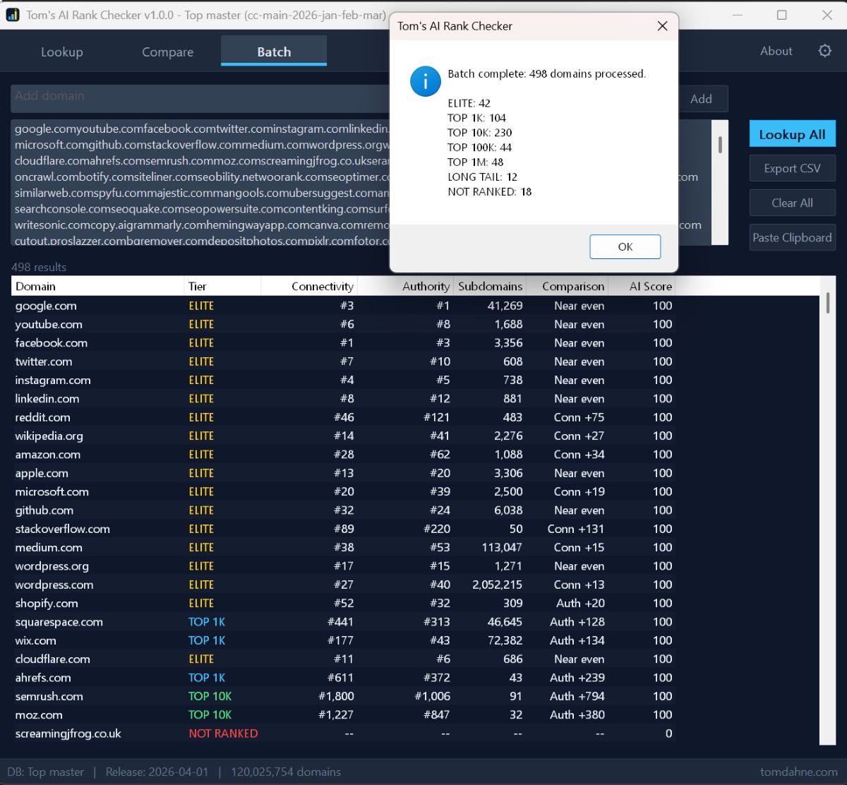 Tom's AI Rank Checker — Compare view showing multiple domains side-by-side with AI scores
