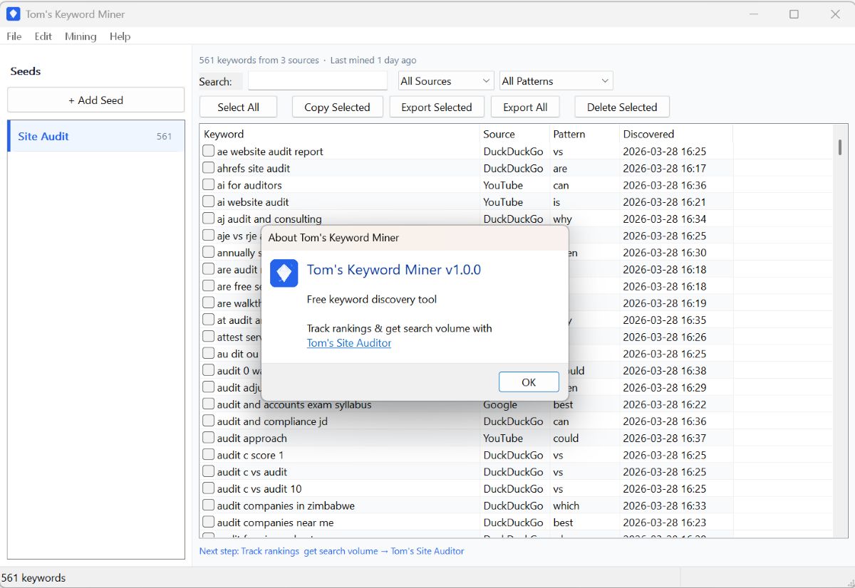 Tom's Keyword Miner — Main window showing discovered keywords from autocomplete mining