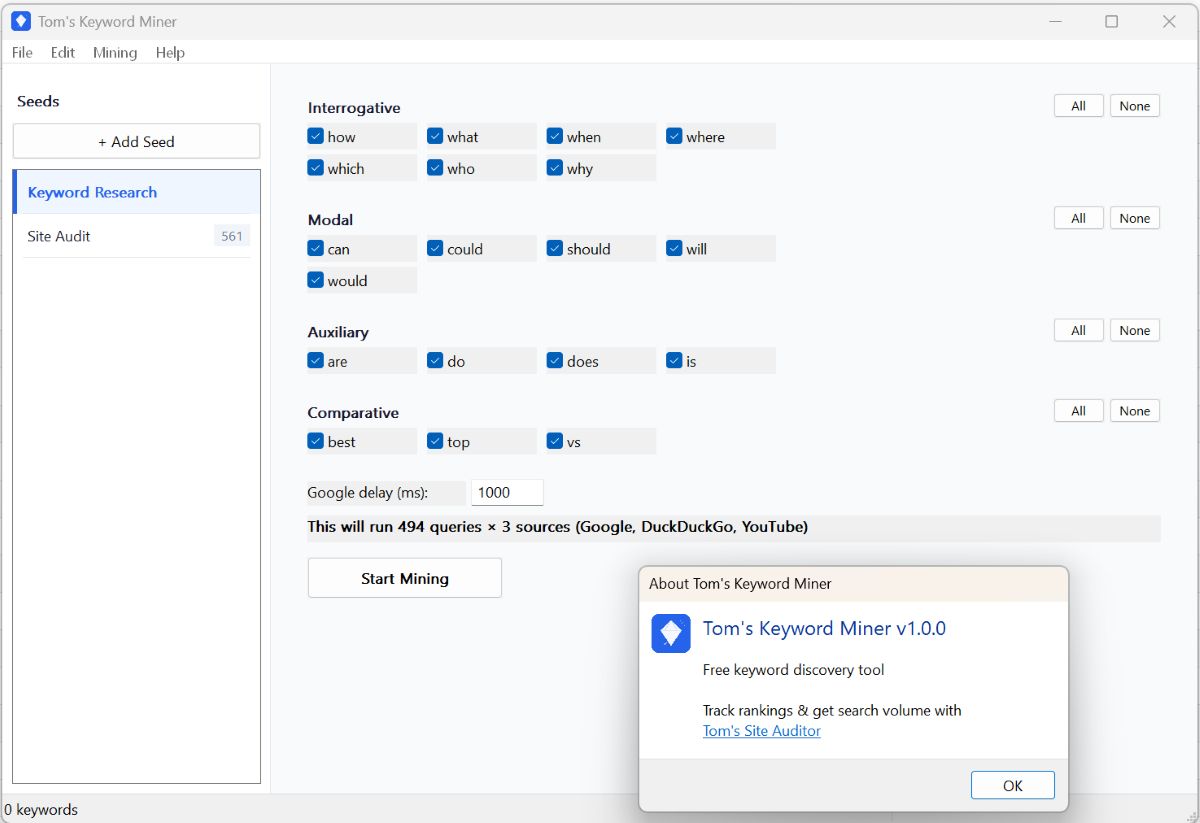 Tom's Keyword Miner — Mining window showing autocomplete mining