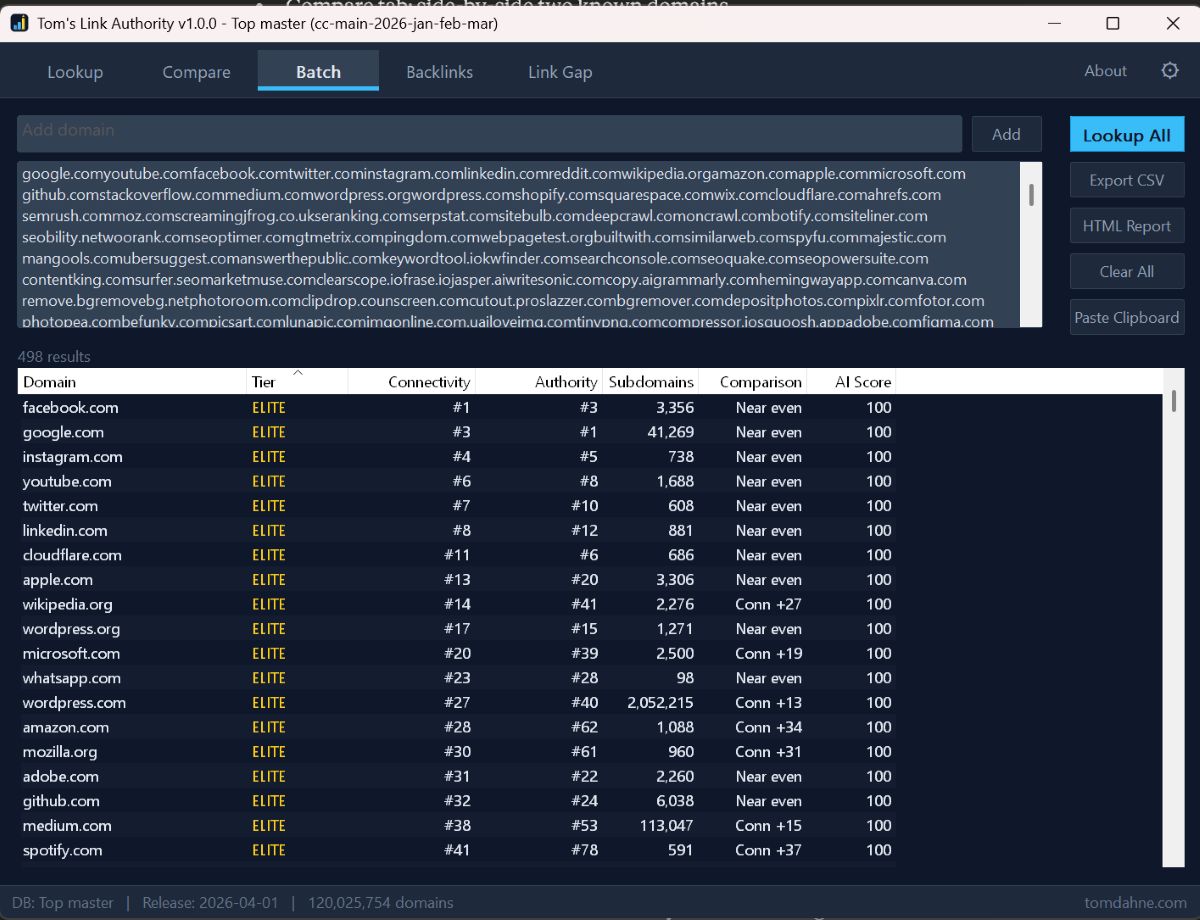 Tom's Link Authority — Batch tab with bulk domain lookup