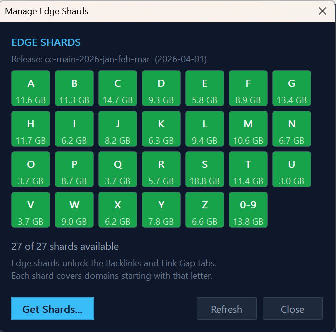Manage Edge Shards dialog showing all 27 shards