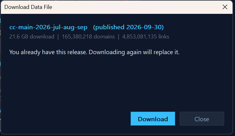 Tom's Link Authority Download Data File window showing the current release