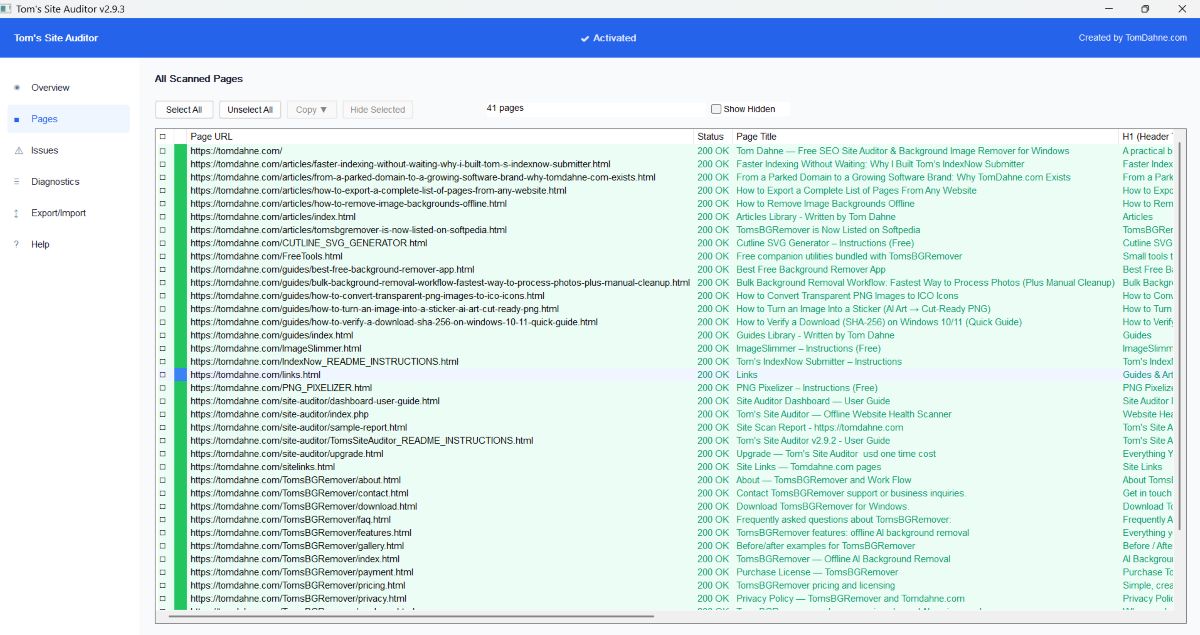 Pages tab — discovered pages with status codes