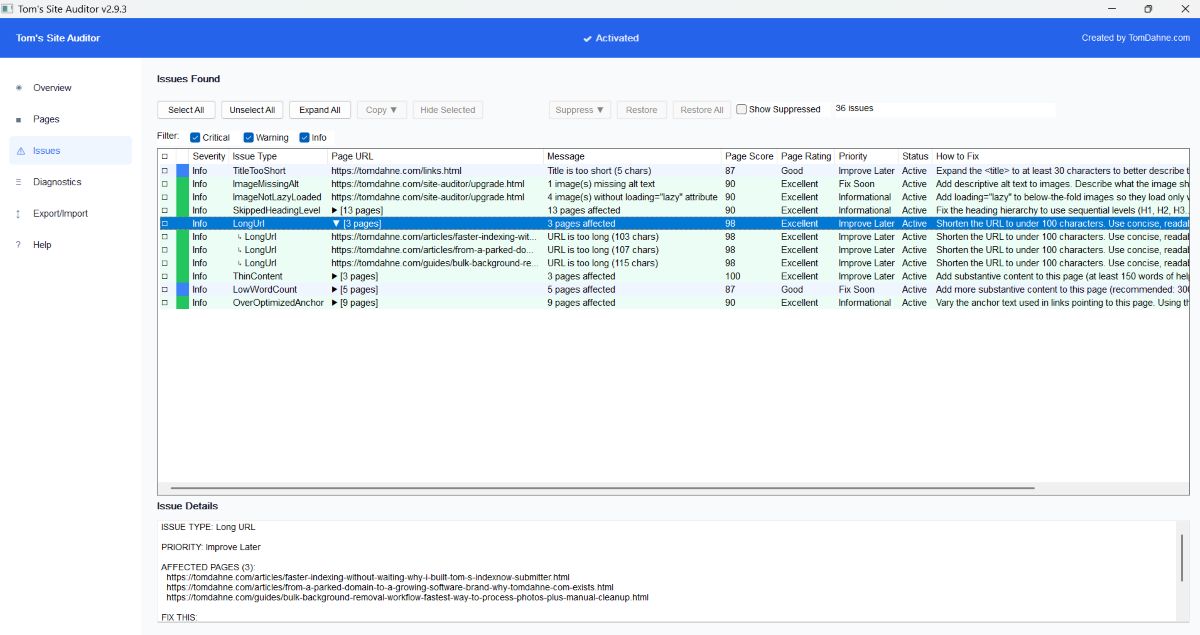 Issues tab — detected problems with fix guidance