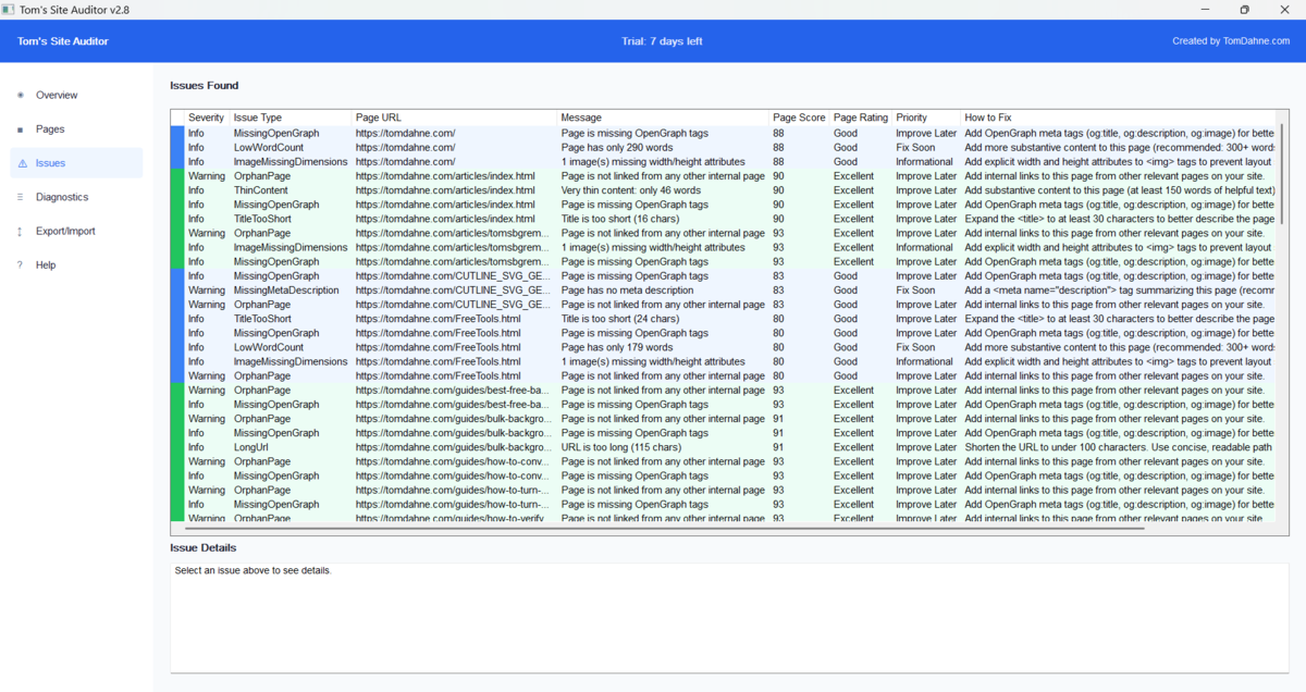 Issues tab — detected problems with fix guidance