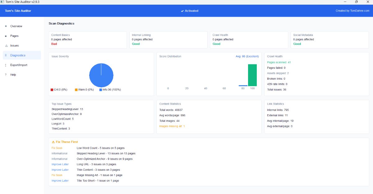 Diagnostics — scan statistics and metrics