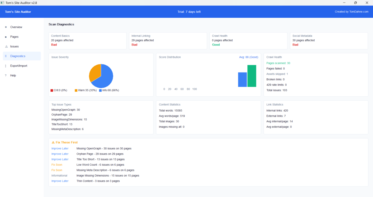 Diagnostics — scan statistics and metrics