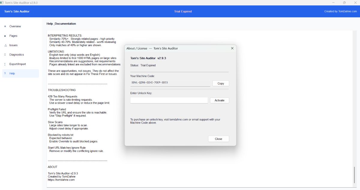 Quick Help guide & Activation page