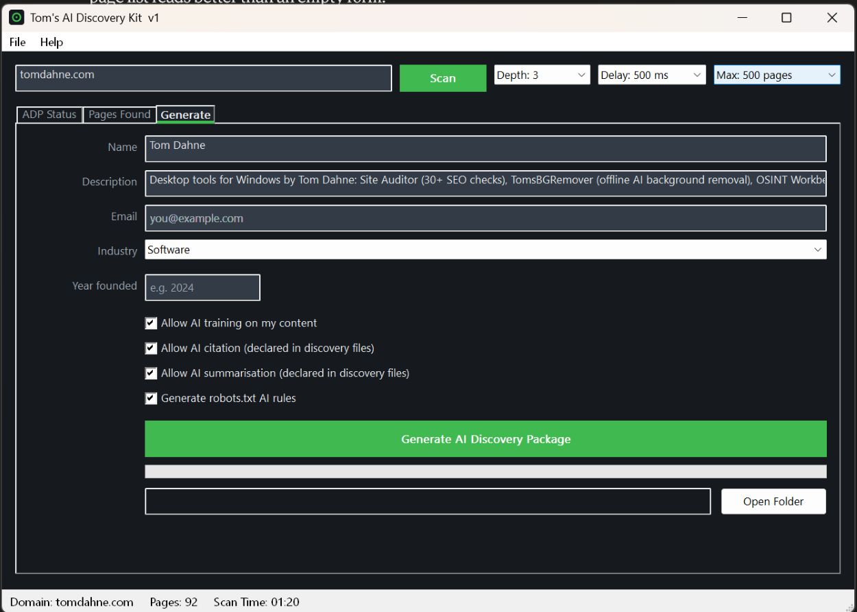 Tom's AI Discovery Kit Generate tab — site details, AI training, citation and summarisation permission checkboxes, and the Generate AI Discovery Package button