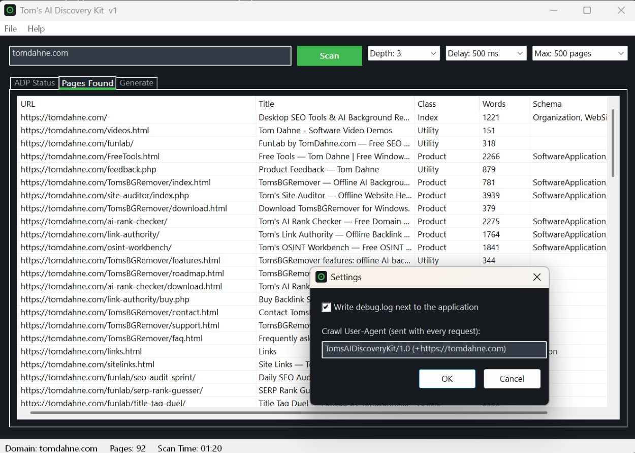 Tom's AI Discovery Kit Pages Found tab — a sortable list of crawled pages with title, classification, word count, and detected schema types