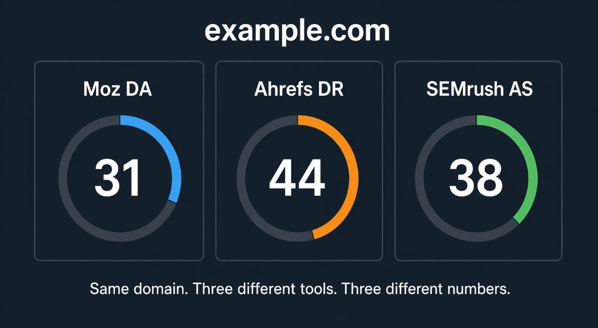 Same domain checked in Moz DA, Ahrefs DR and SEMrush AS showing three different authority scores