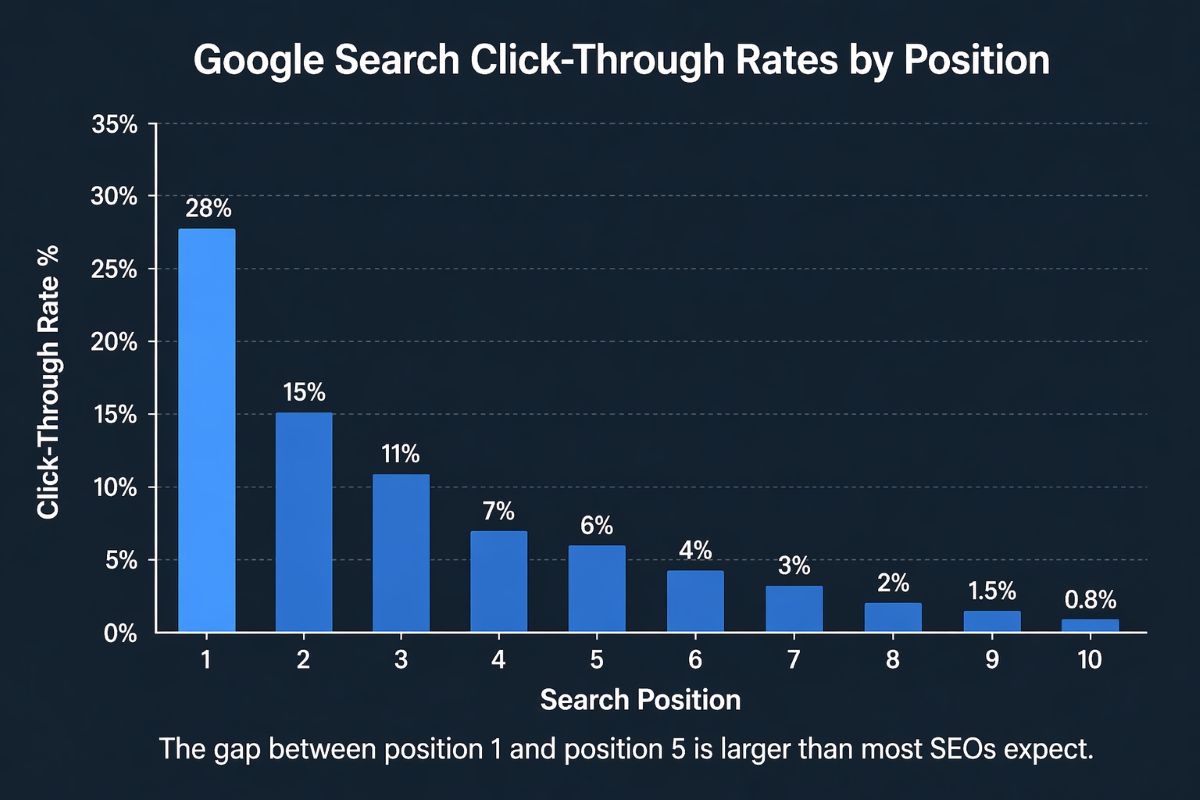 Bar chart showing Google search click-through rates by position &mdash; position 1 gets 28%, dropping steeply to under 1% by position 10
