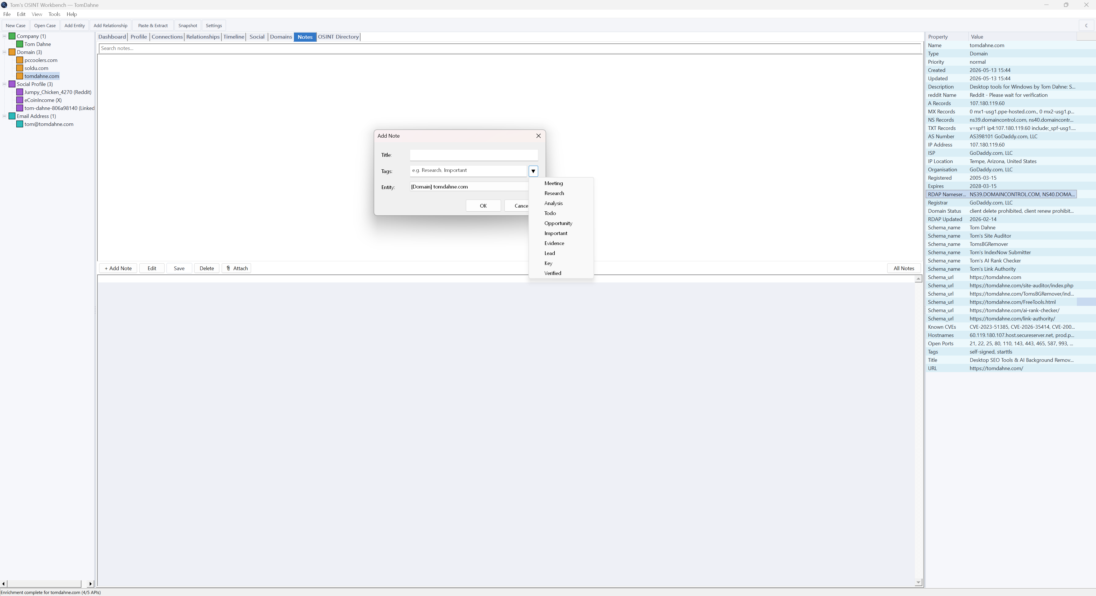 OSINT Workbench notes tab with Add Note dialog