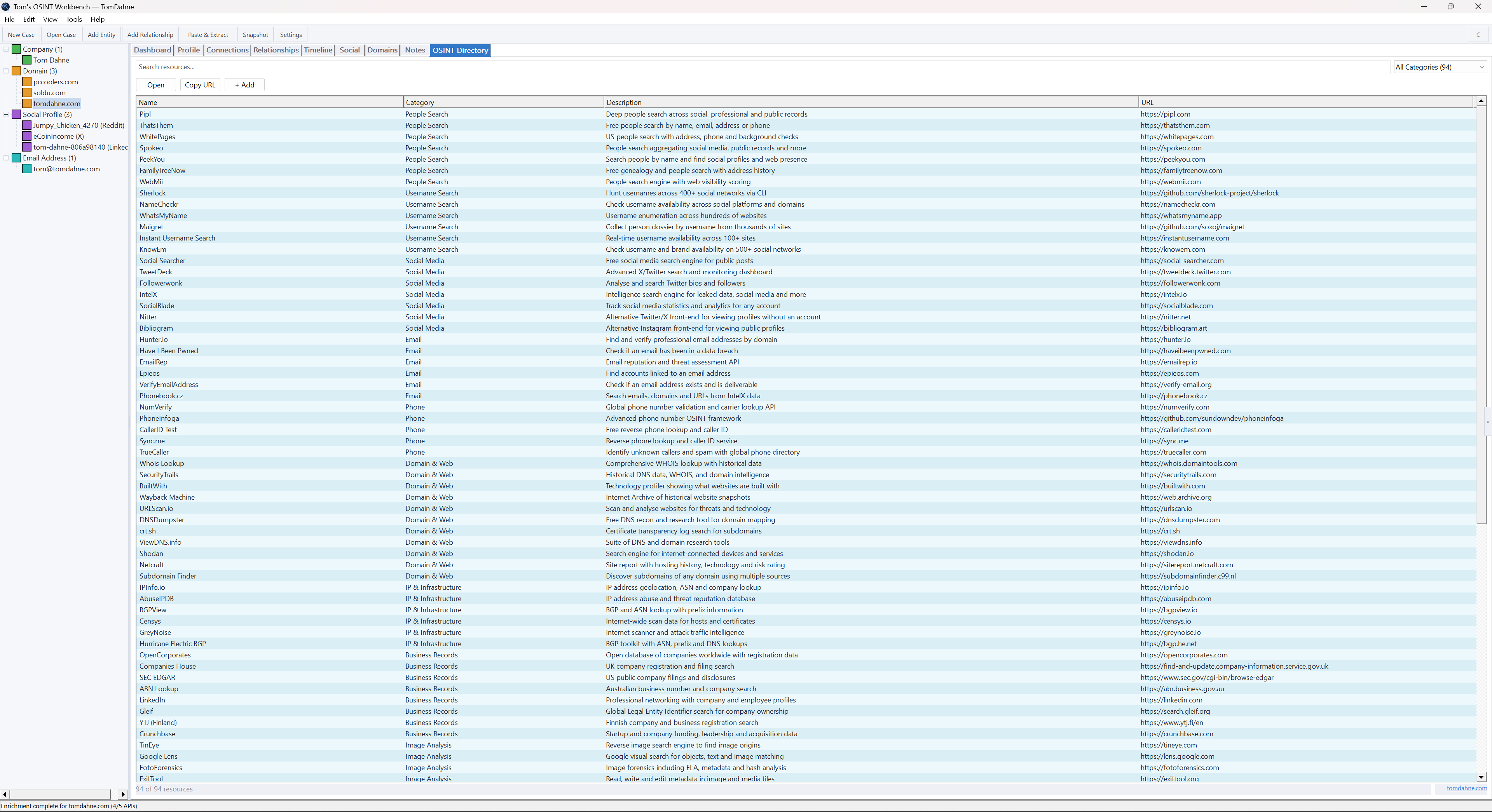 OSINT Workbench built-in directory of 94 investigation resources