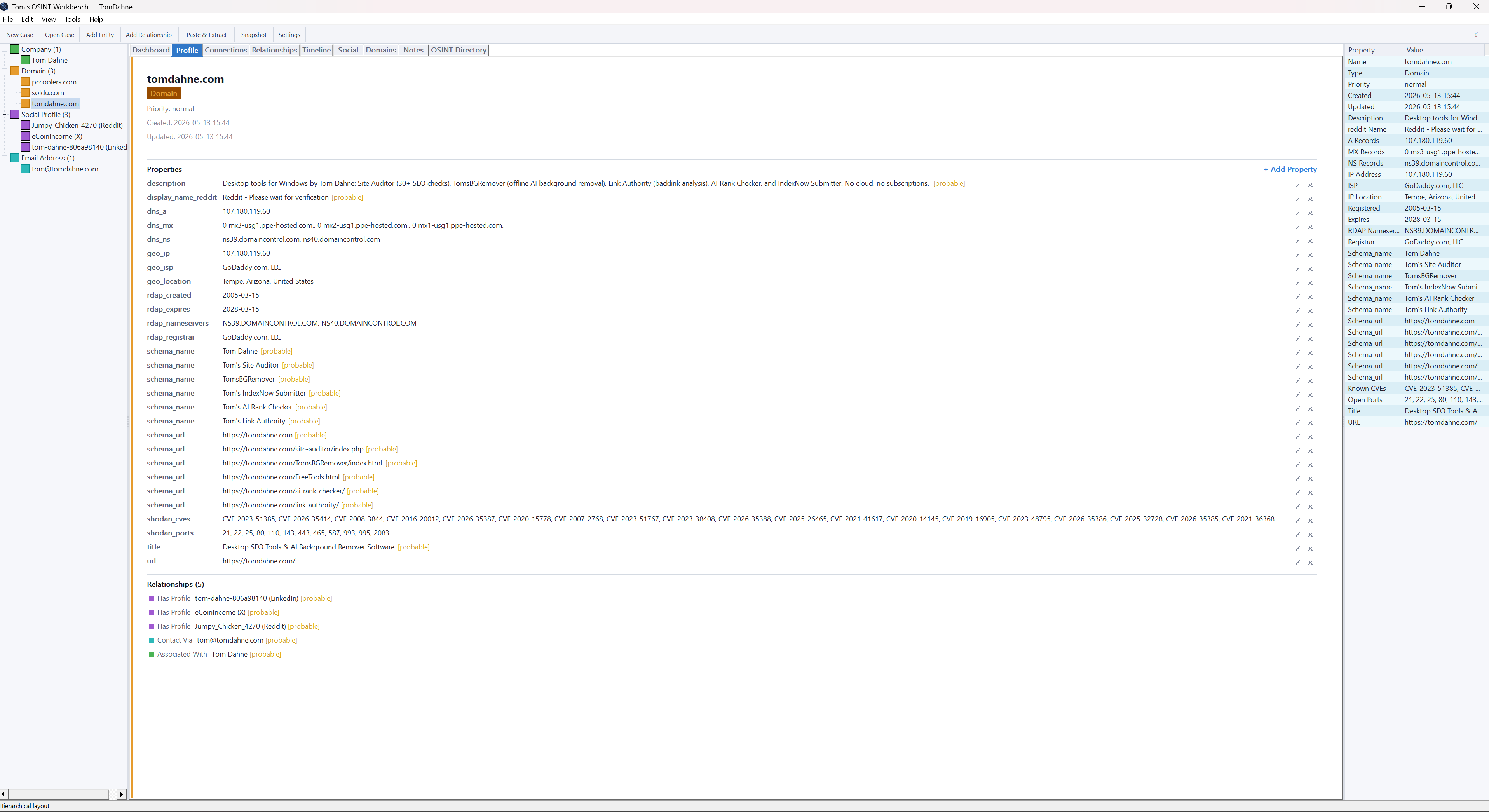 OSINT Workbench profile tab showing domain properties