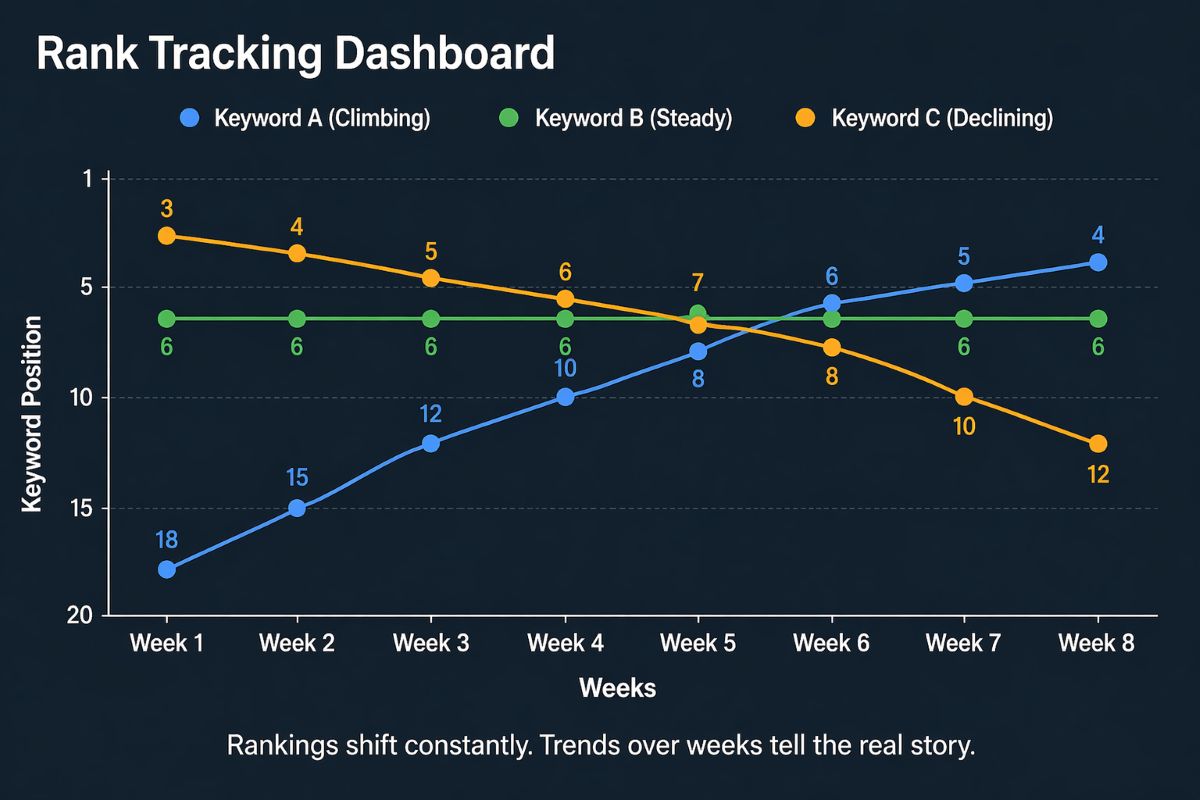 Rank tracking dashboard showing three keyword position trends over eight weeks &mdash; one climbing, one steady, one declining