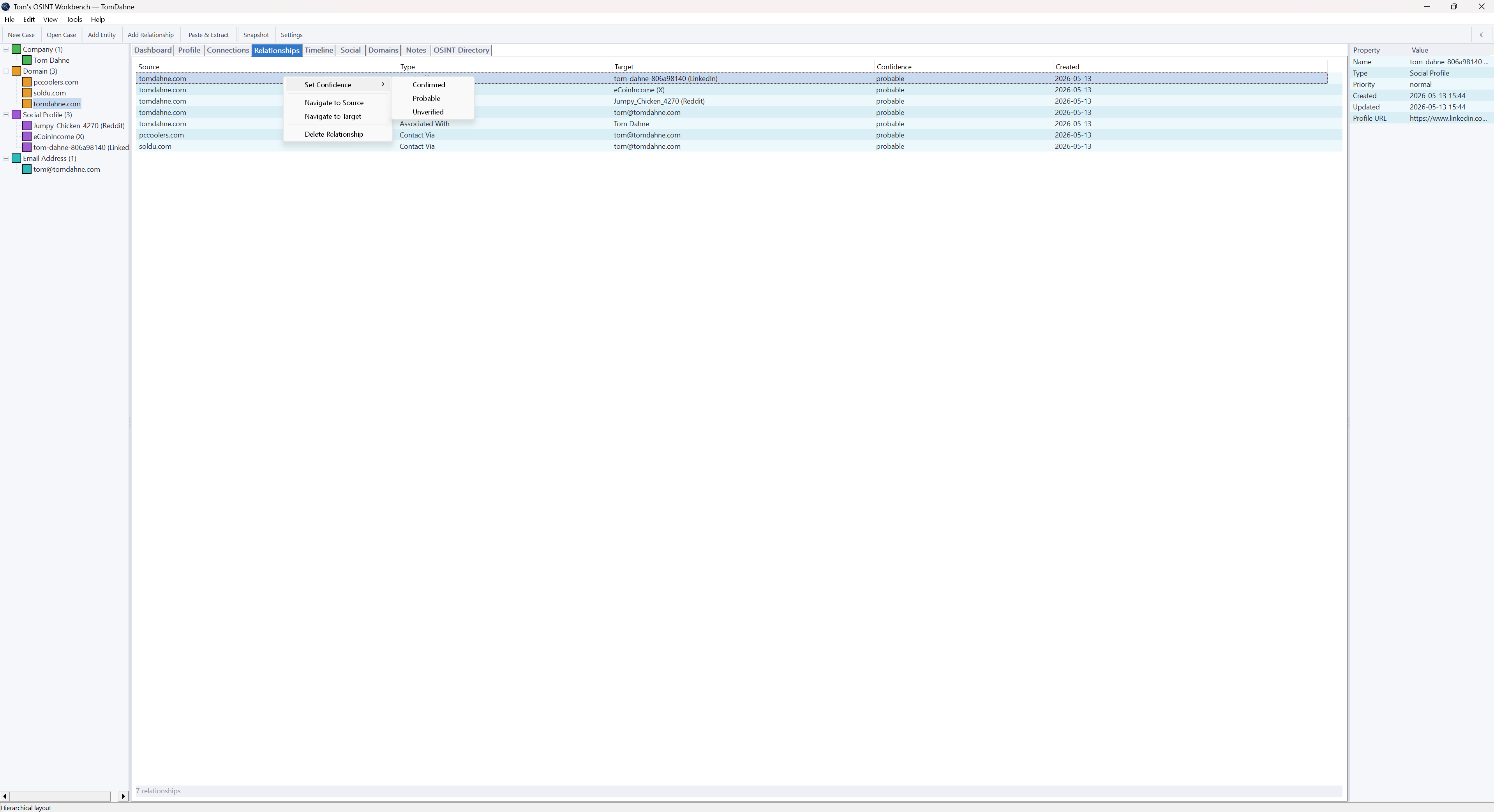 OSINT Workbench relationships tab with context menu