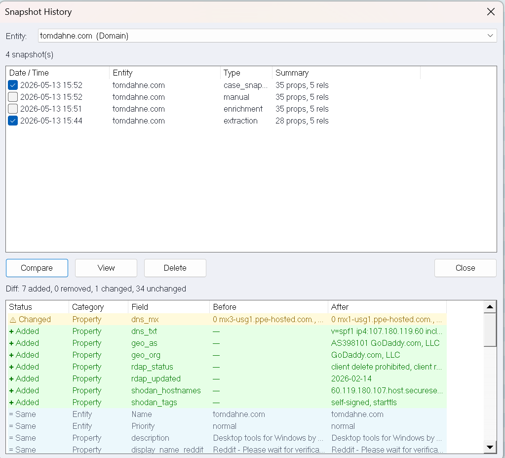 OSINT Workbench snapshot history with colour-coded diff