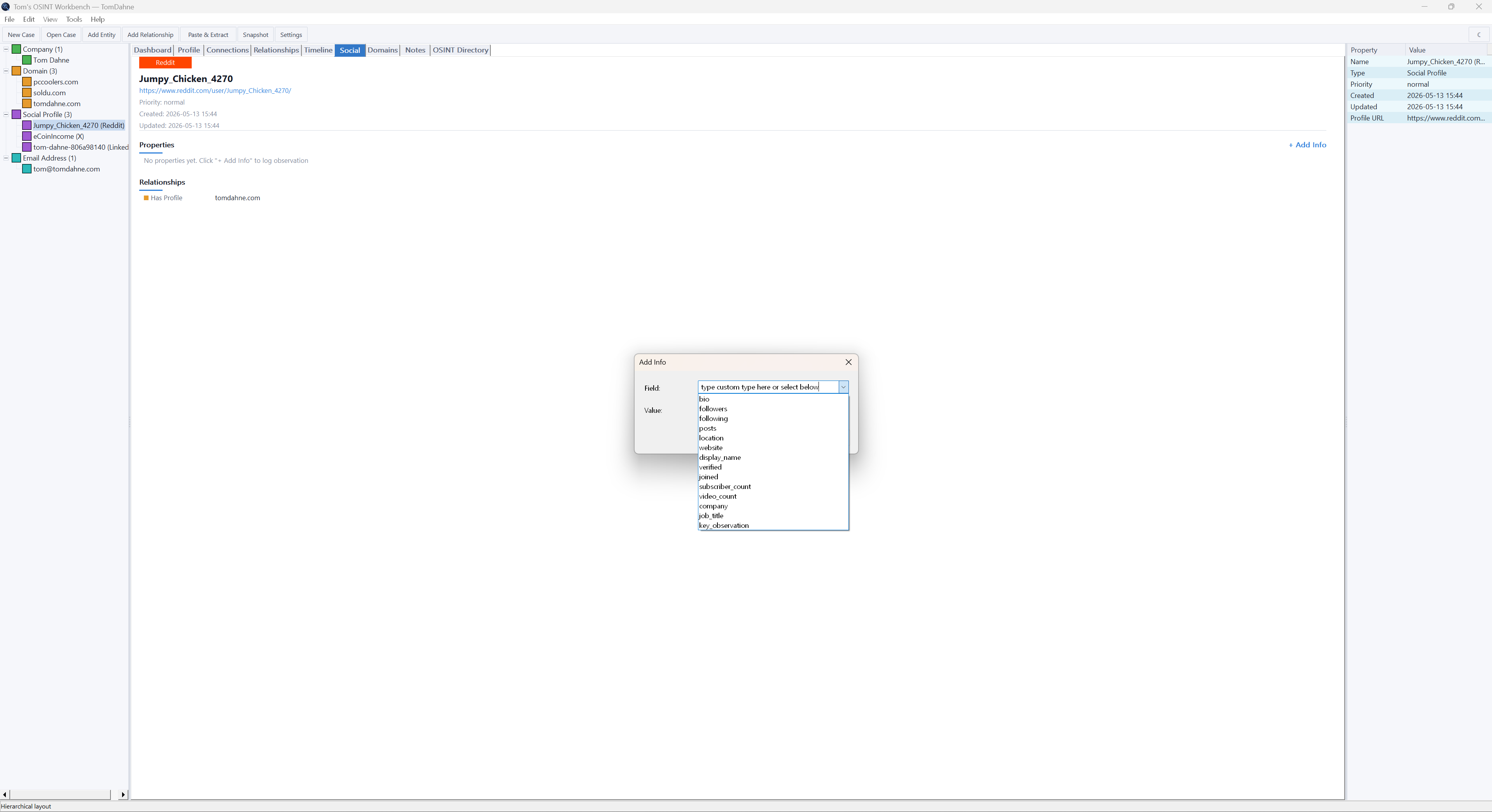 OSINT Workbench social tab with Reddit profile and Add Info dialog