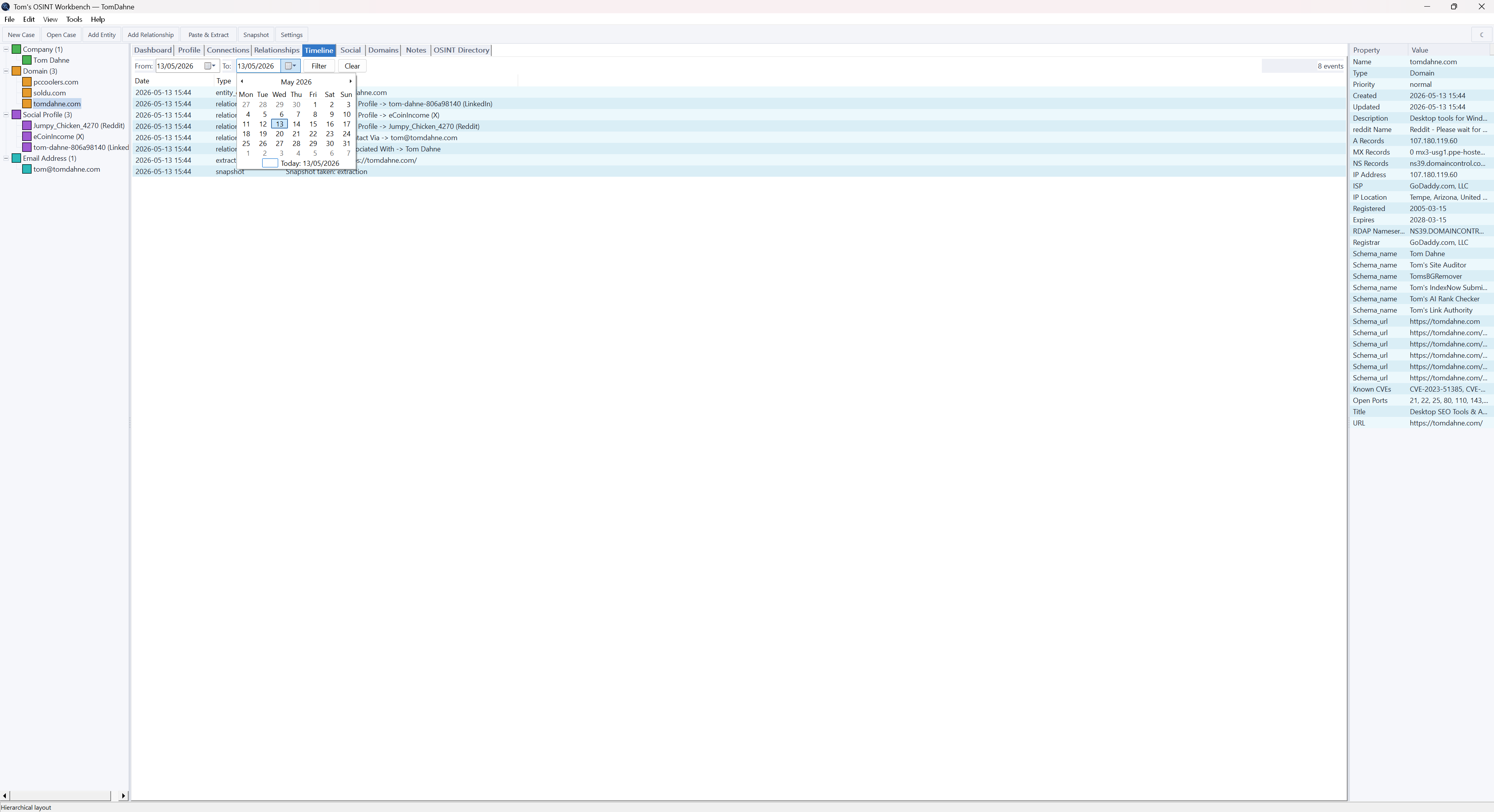 OSINT Workbench timeline tab with date filter